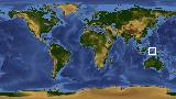 World map with latitude -3.6 and longitude 132.7 marked
