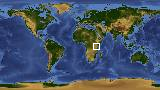 World map with latitude -3.8 and longitude 37.8 marked