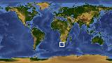 World map with latitude -36.5 and longitude 20.2 marked