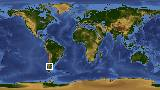 World map with latitude -42.8 and longitude -69.5 marked