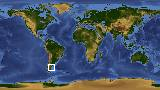 World map with latitude -44.9 and longitude -65.0 marked