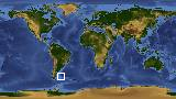 World map with latitude -48.0 and longitude -56.1 marked