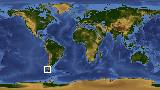 World map with latitude -49.7 and longitude -72.7 marked