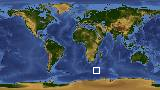 World map with latitude -51.6 and longitude 36.6 marked