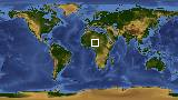 World map with latitude 14.0 and longitude 13.1 marked