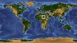 World map with latitude 19.1 and longitude 22.6 marked