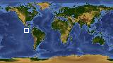 World map with latitude 2.1 and longitude -96.2 marked