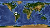World map with latitude 3.1 and longitude -65.9 marked