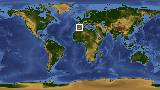 World map with latitude 34.7 and longitude -.9 marked