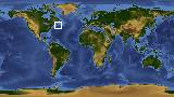 World map with latitude 43.3 and longitude -58.7 marked