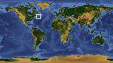 World map with latitude 43.8 and longitude -57.7 marked