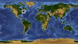 World map with latitude 43.9 and longitude -70.4 marked