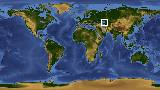 World map with latitude 44.4 and longitude 54.8 marked