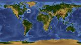 World map with latitude 45.5 and longitude -53.6 marked