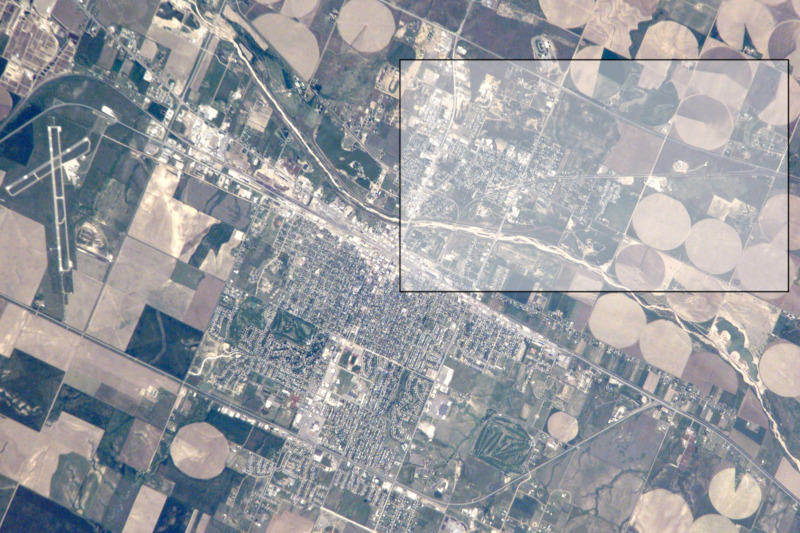 bounding box surrounding part of a city and a large part of the surrounding area